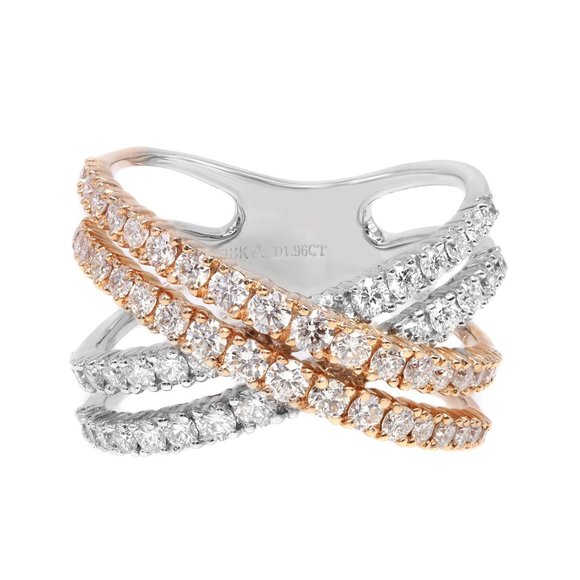 Natural Diamond Two Tone Crisscross Ring 18K White & Rose Gold 1.96Cttw Size 7 - Picture 1 of 6